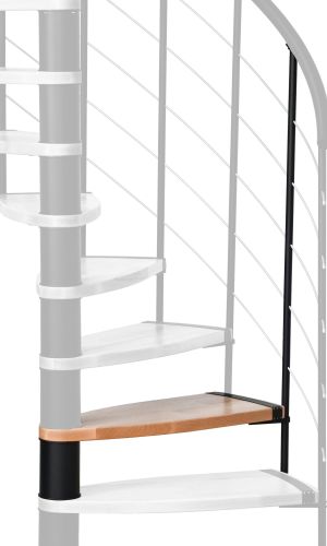 Height extension for the Helios spiral staircase with steps in beech and black metal. A detail of the additional step and the balusters is shown.