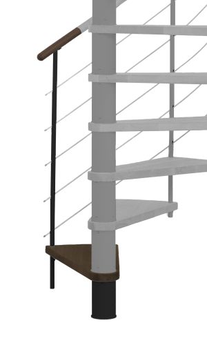 Height extension for the spiral staircase Venezia with steps in beech stained to walnut and black metal. Shown is a detail of the additional step, the balusters and the wooden handrail.
