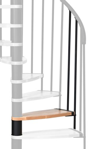 Height extension for the Luna spiral staircase with steps in beech and black metal. A detail of the additional step and the balusters is shown.