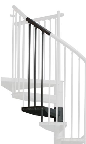 Height extension for the Rondo Color staircase with steel treads, steel banisters and aluminium handrail, powder-coated in anthracite. A detail of the additional step, the balusters and the handrail is shown.