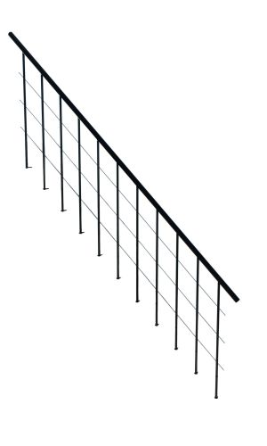 Modern railing for the Comfort Top and Comfort Top Turn staircase in black. The railing consists of sleek metal posts with horizontal stainless steel cables for a modern look and secure fall protection. The handrail provides additional support.