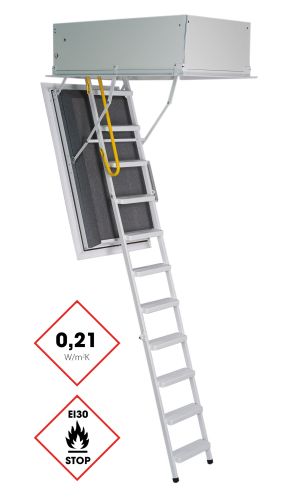 Arctic Fire attic ladder with a sturdy aluminum ladder, insulated dark grey trapdoor, and surrounding upper cover. The ladder features a thermal insulation value of 0.21 W/m²K, EI30 fire protection certification, and a yellow safety handle at the entry point.