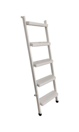 Stair extension for metal stairs: White metal extension with five non-slip steps and rubber feet, designed to extend existing attic stairs made of metal.