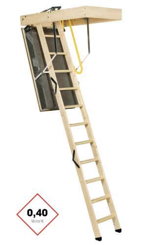 Loft ladder Polar Top with dark grey insulated hatch, 3-part wooden ladder, and surrounding wooden hatch box. The ladder provides thermal insulation of 0.40 W/m²K and features a yellow safety handrail and white metal support bars for added stability.