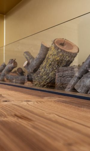Close-up of a brushed Azalea thermowood surface used as a premium shelf in front of a modern glass-enclosed fireplace. The pronounced wood grain and warm brown finish create a natural, elegant, and timeless look for interior spaces.