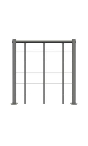 Straight balustrade with vertical metal rods and PVC handrail in grey with horizontal stainless steel chords. An overall view of the balustrade is shown from the front.