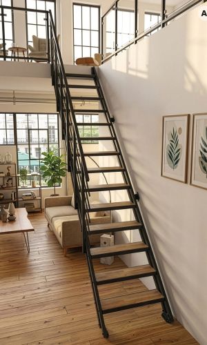 A black metal staircase with wood steps and a banister against a concrete wall in a modern loft with wooden flooring and a large window front.