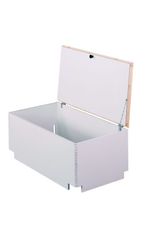 Opened upper cover for attic stairs Type 13 X-Large in white with surrounding wooden frame. Equipped with chain suspension for secure lid positioning and a precisely fitted lower box section with cut-outs.