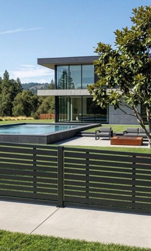 Modern Plano Mix privacy fence in anthracite, 120 cm high, featuring horizontal slats with alternating widths, creating a contemporary garden boundary and stylish privacy screen for a modern home with a terrace and swimming pool.