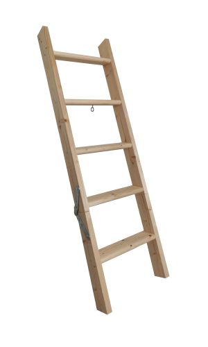 Stair extension for wooden stairs: Extension element made of light wood with five steps and a foldable hinge, designed to easily extend existing wooden attic stairs.