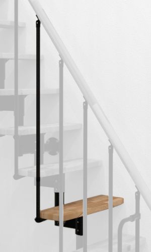 Height extension for the Joker staircase with beech steps and black metal. Shown is a detail of the additional step, the railing bars, and the handrail.