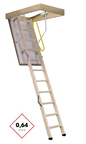 Attic staircase Polar 60 with insulated white trapdoor, three-part wooden ladder, and surrounding wooden hatch box. Visible are the yellow safety handle and the thermal insulation value of 0.64 W/m²K.