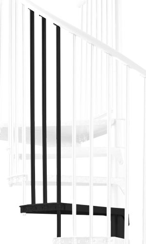 Height extension for the Rondo Zink Color staircase with steel treads and steel railings, powder-coated in black. A detail of the additional step and the balusters is shown.