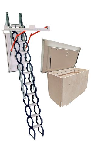 Flat roof staircase with scissor-ladder system and red lever mechanism, shown together with a separate flat roof cover including a wooden and metal hatch box. Designed for flat roof applications, offering secure access and insulated closure.