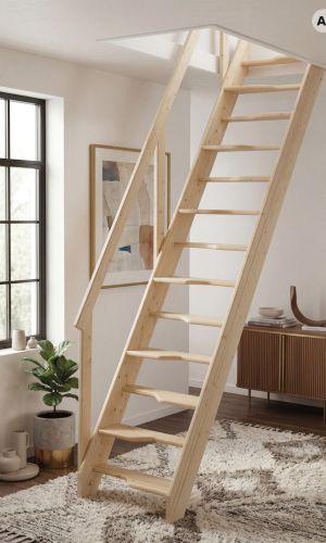 Softline space-saving staircase made from solid spruce wood, featuring alternating treads and an integrated handrail, offering safe and compact access to a loft in a bright, modern interior.