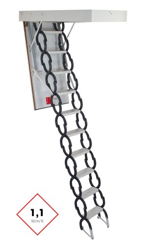 Elegance attic ladder with retractable scissor mechanism made of metal and a white hatch cover. The ladder offers a thermal insulation value of 1.1 W/m²K and combines functionality with a space-saving design.