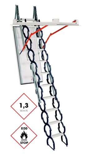 Loft ladder Type 18 Small with scissor stair system made of metal, white lid, all-round thermal insulation (1.3 W/m²K), and EI30 fire protection marking. The ladder features red side lever arms to assist with operation.