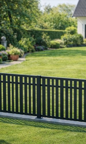 Modern Vertex Mix garden fence in anthracite aluminum with alternating vertical slats, installed around a landscaped residential garden in front of a detached home. The open design creates a stylish property boundary while maintaining a light and welcoming appearance.