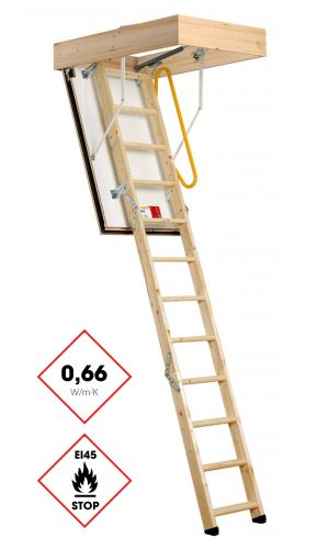 Eurofire Protect attic ladder with three-section wooden ladder, all-around wooden casing, and white hatch lid. Equipped with a yellow safety handle, EI45 fire protection certification, and 0.66 W/m²K thermal insulation.