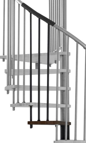 Height extension for the Spiral Effect staircase with steps in beech stained to walnut and black metal. A detail of the additional step, the balusters and the handrail is shown.