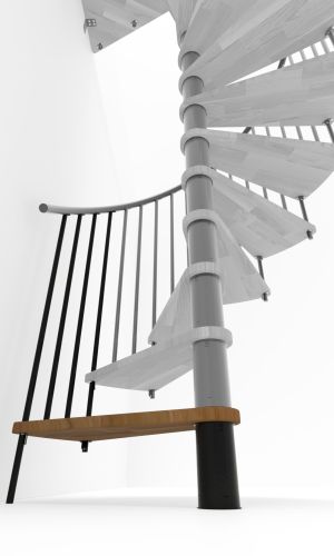 Height extension for the staircase Spiral Smart with steps in oak, black steel banister and PVC handrail. A detail of the additional step and the balusters is shown.