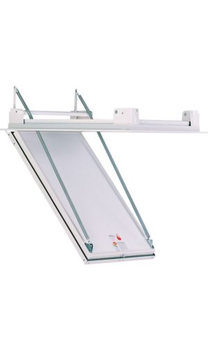 Casing frame with lid for ceiling mounting, shown in an open position. The white cover is angled downward and securely held by two metal support arms.