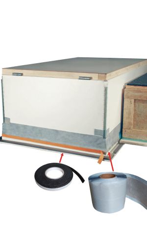 Passive house installation kit “Double” with a flat roof exit hatch, surrounding insulation material, sealing tape (left), and sealing membrane (right), shown with red arrows indicating application points.