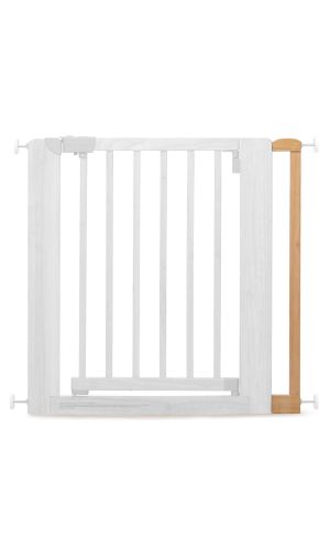 Extension for Britt child safety gate, mounted on one side. The natural wood extension is attached to the right side of the otherwise white safety gate, allowing adjustment for wider doorways.