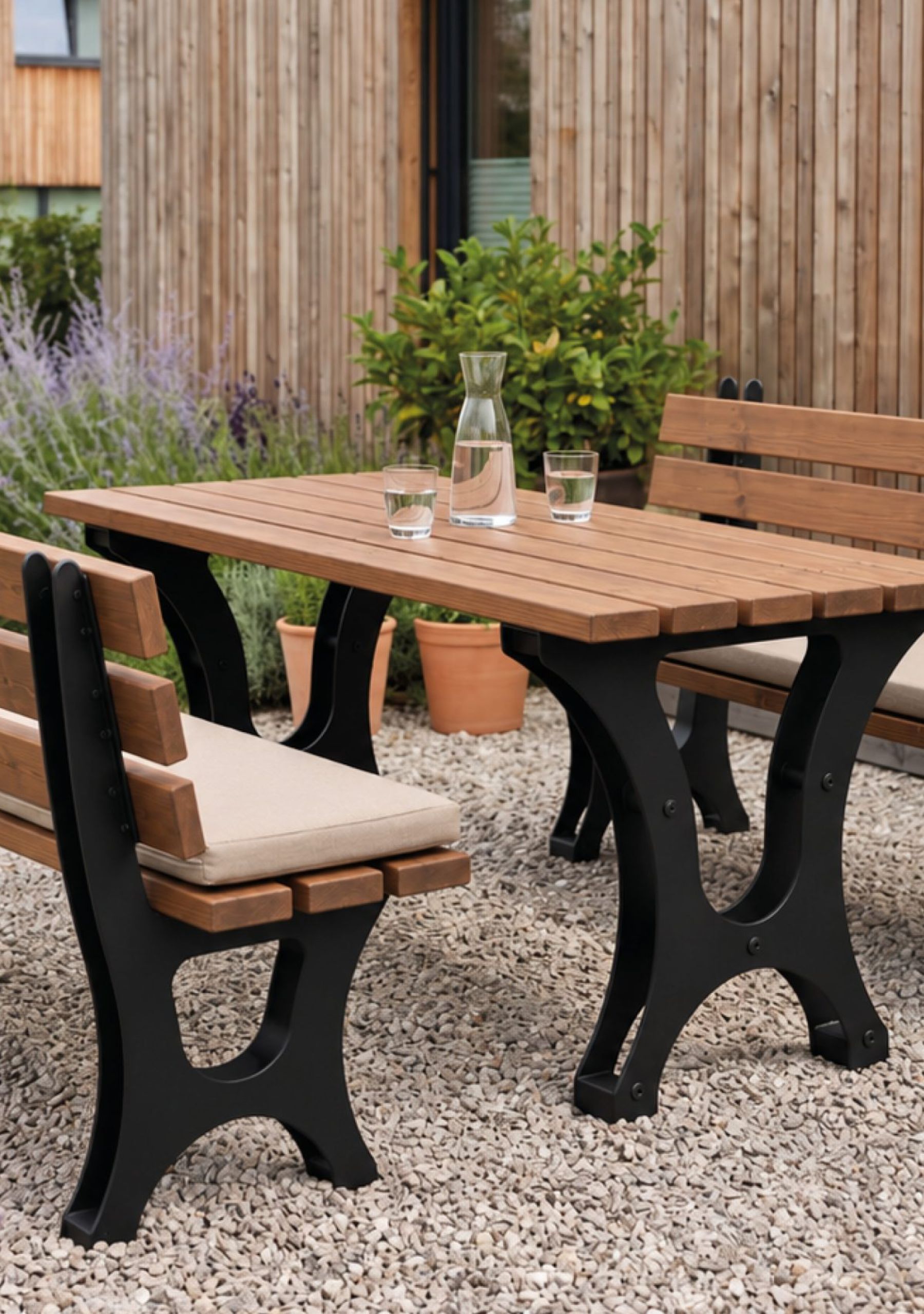 Campo garden set with table and two benches made of thermally modified pine and black metal frames on a garden terrace.