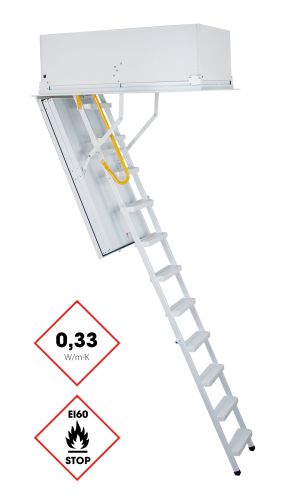 Attic ladder Type 1 Passiv Plus with white metal frame, insulated hatch door, and top cover. The aluminum ladder features a yellow safety handle. Thermal insulation value of 0.33 W/m²K and EI60 fire protection label are visible.