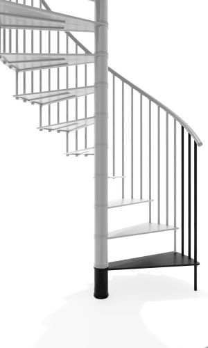 Height extension for the Portofino staircase made of black metal. Shown is a detail of the additional step, the railing bars, and the handrail.