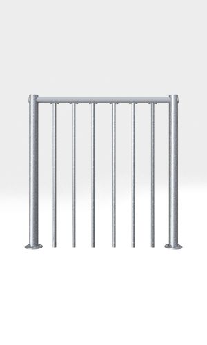 Balustrade for the outdoor spiral staircase Rondo Zink Smart. The horizontal handrail is made of grey PVC, and the vertical bars are galvanized steel, positioned between two sturdy metal posts.