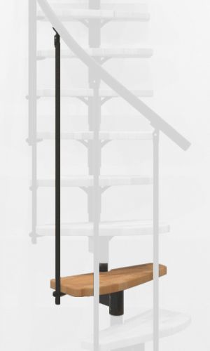 Height extension for the Monte Carlo staircase with beech steps and black metal. Shown is a detail of the additional step, the railing bars, and the handrail.
