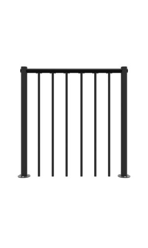 Front view of the balcony railing for Rondo Zink Color in black. The railing consists of vertical bars made of galvanized steel and a horizontal handrail made of PVC. Round base plates for floor mounting are also visible.