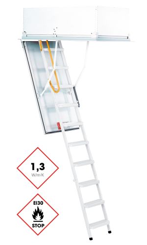 Attic ladder Type 15 Exklusiv with white aluminium ladder, insulated hatch (1.3 W/m²K), surrounding upper cover, and yellow safety handle. Equipped with EI30 fire protection rating.
