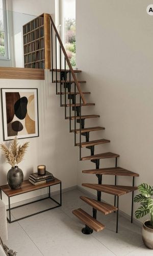 Joker Turn space-saving staircase featuring solid walnut wood treads, a black powder-coated steel central column, slim black balustrades, and a matching walnut handrail, offering a stylish and compact solution for accessing a gallery level in a modern interior.