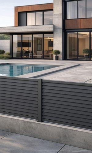 Modern Strata privacy fence in anthracite with horizontal slats and aluminum posts, providing a stylish garden fence and privacy screen around a contemporary home with a swimming pool and landscaped outdoor living area.