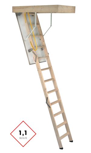 Complete attic ladder with straight wooden steps, insulated hatch cover, and surrounding wooden casing. The ladder features a yellow safety handle and has a thermal insulation value of 1.1 W/m²K.