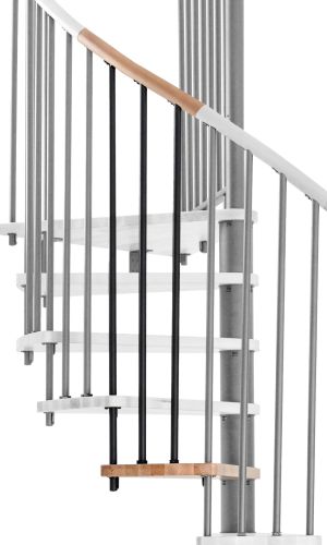 Height extension for the Spiral Wood staircase with steps in beech, black steel banister and wooden handrail. A detail of the additional step, the balusters and the handrail is shown.