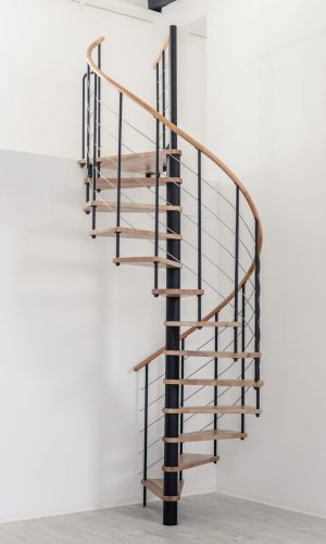 Spiral staircase Venezia with steps and handrail in beech wood, black metal parts and stainless steel bottom rails, installed in a white room.