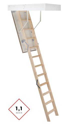 Mc Step Thermo 33 attic ladder with a straight, three-part wooden ladder, white insulated hatch cover, and surrounding casing. Thermal insulation value of 1.1 W/m²K.