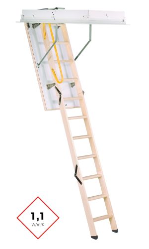 Euro Trend attic staircase with 3-section wooden ladder, white hatch lid and integrated thermal insulation core. The staircase has a thermal insulation value of 1.1 W/m²K and features a yellow safety handrail and sturdy metal struts.