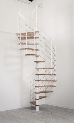 Spiral staircase Venezia Smart with beech wood steps, white metal parts, white PVC handrail and stainless steel bottom rails, installed in a white room.