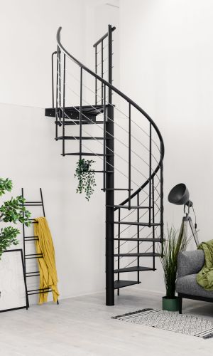 Modern “Milano” spiral staircase made of black metal. The staircase features open metal steps, a railing with vertical rods, horizontal base bars (underguards), and a black PVC handrail.