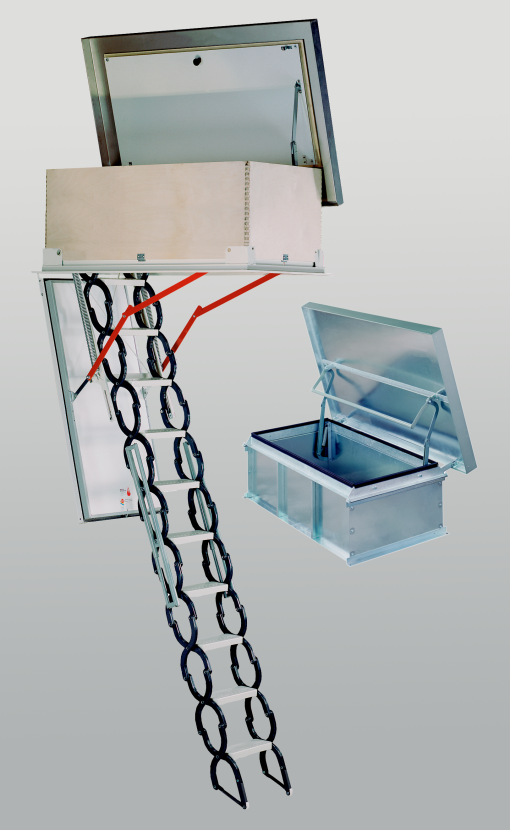 Flat roof staircase EI230 with insulated scissor ladder, solid shaft casing, and open galvanized steel roof hatch. The combination ensures safe roof access with high thermal insulation and fire resistance class EI230.