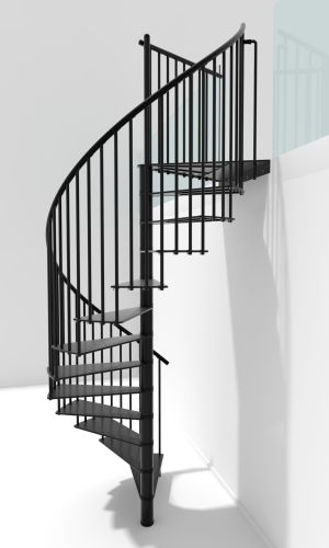 Portofino spiral staircase made of black metal with vertical railing bars and a PVC handrail, installed in a modern white interior. The staircase elegantly spirals upwards.