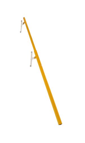 Yellow telescopic handrail with two white wall brackets, diagonally positioned on a white background.