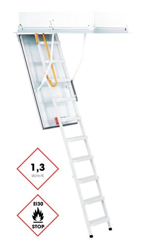Attic ladder Type 12 Solid with white aluminum ladder, insulated hatch lid, and surrounding upper cover. The ladder features 1.3 W/m²K thermal insulation, EI30 fire protection certification, and a yellow safety handle at the entry.