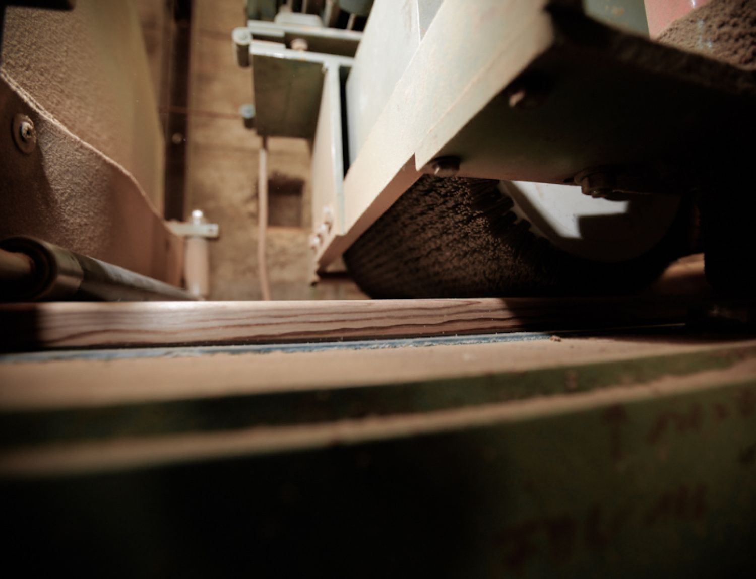Wooden board being processed under a machine with a rotating brush – brushing treatment of wood surface.