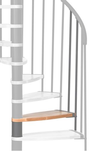 Höhenerweiterung für die Spindeltreppe Luna mit Stufen in Buche und grauem Metall. Gezeigt wird ein Detail der Zusatzstufe und der Geländerstäbe.